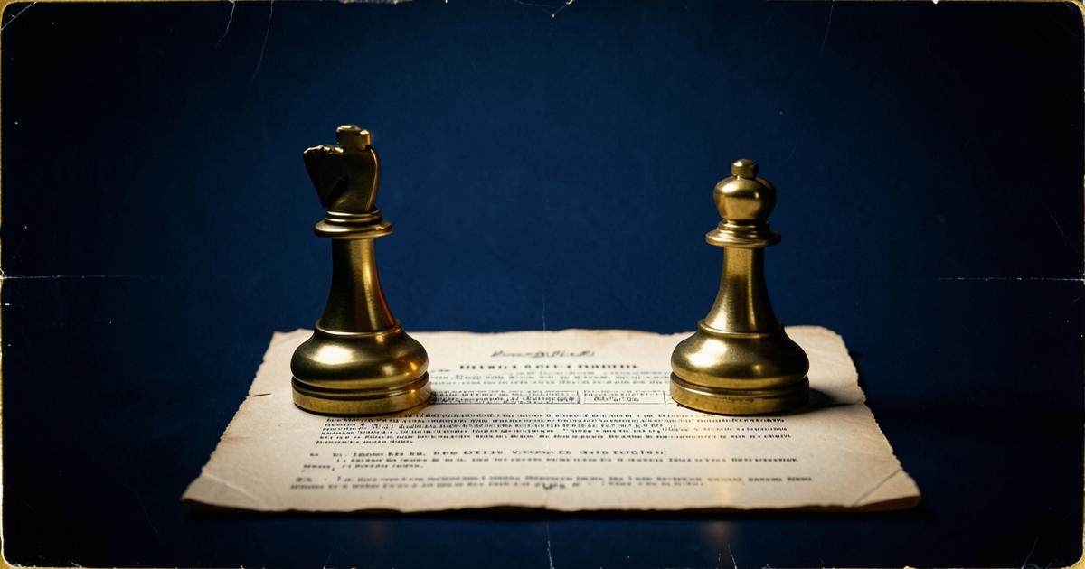 Duas peças de xadrez douradas frente a frente sobre um documento jurídico, em fundo azul profundo