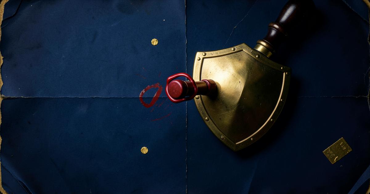 Escudo de latão bloqueando um carimbo de lacre vermelho sobre papel azul