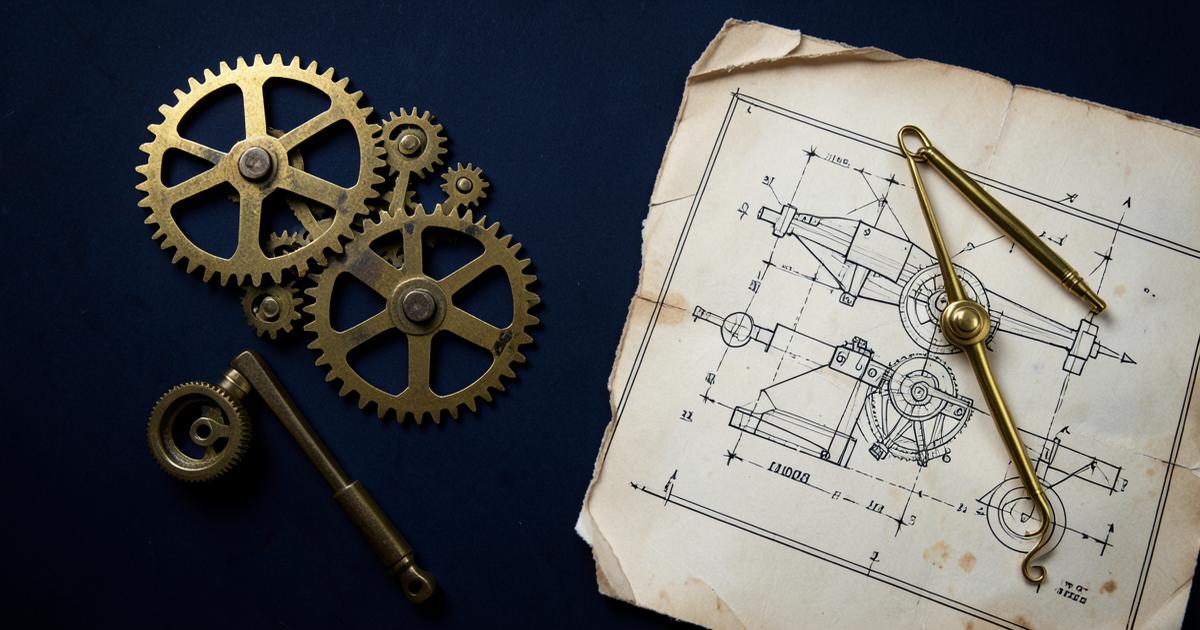 Engrenagens de latão e desenho técnico antigo sobre fundo azul profundo